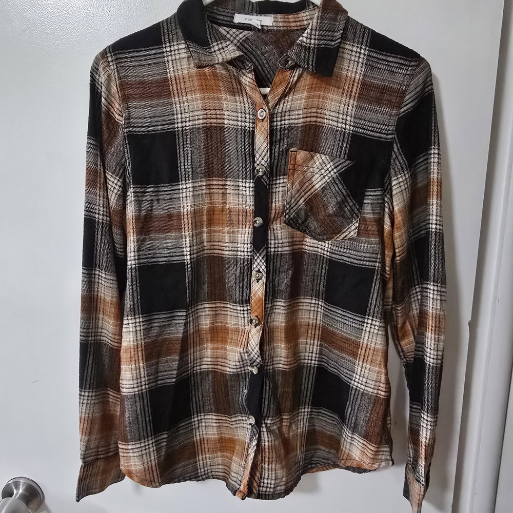 Maurices Plaid Flannel Shirt Womens XS Brown Black Button Up Long Sleeve Casual